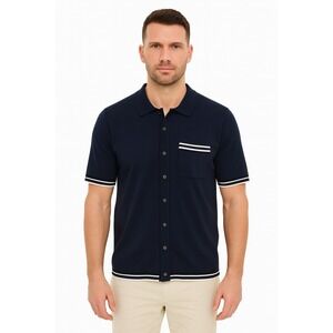 IKE BEHAR Mens Navy Modal Short Sleeve‎ Knit Polo Shirt Button down Size Small